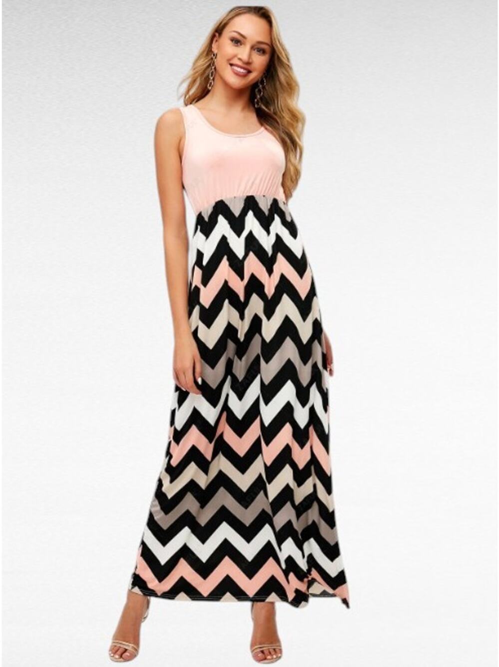 Sleeveless Pink & Black Chevron Maxi Dress - Size 1 (XS)